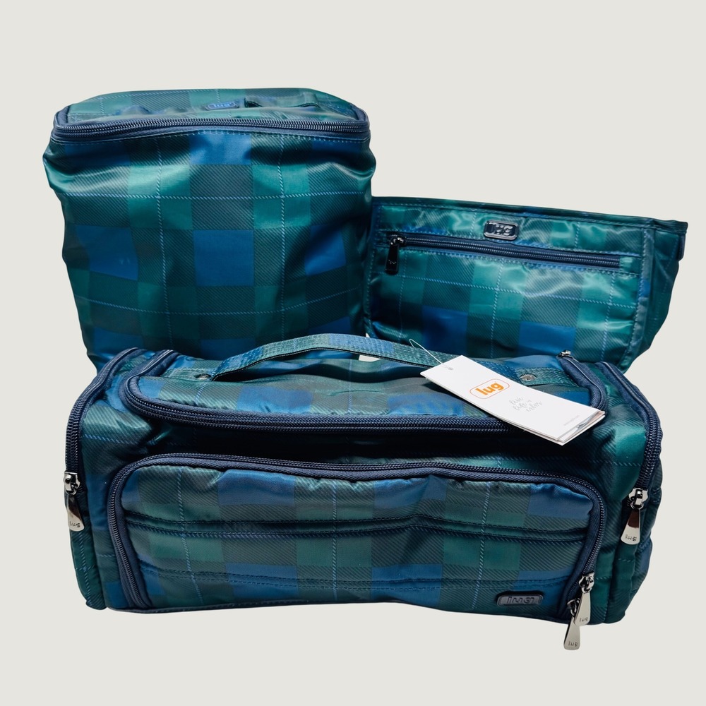 Lug Cosmetic Case Unisex Green Plaid Trolley XL 3pc Travel Makeup Organizer